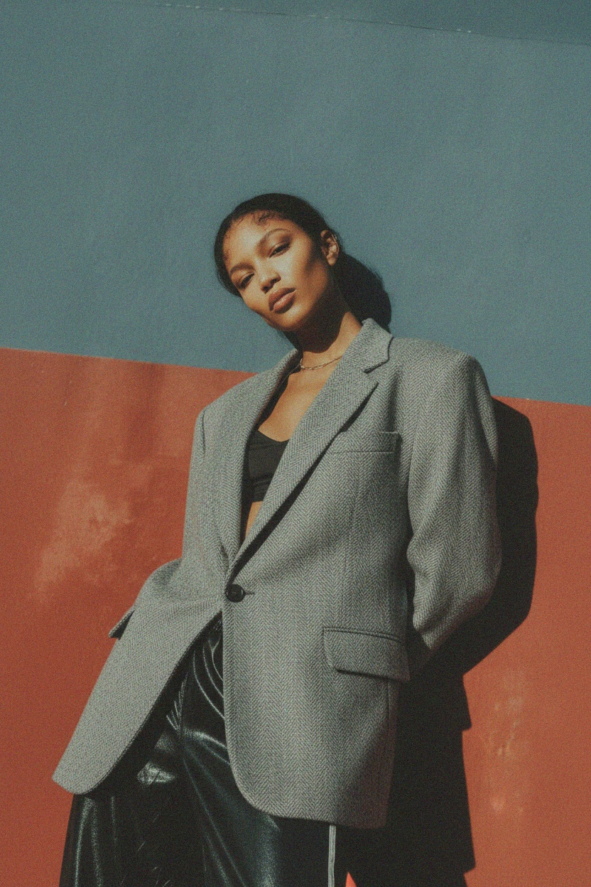 Luźna szara marynarka w jodełkę zdjęcie 3