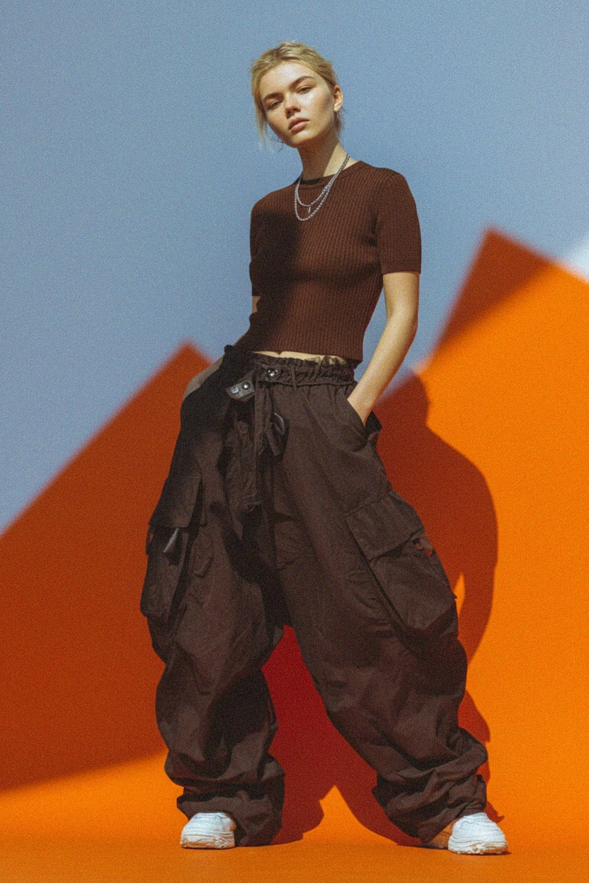 Prążkowana bluzka z krótkim rękawem w kolorze bogatego brązu zdjęcie 3