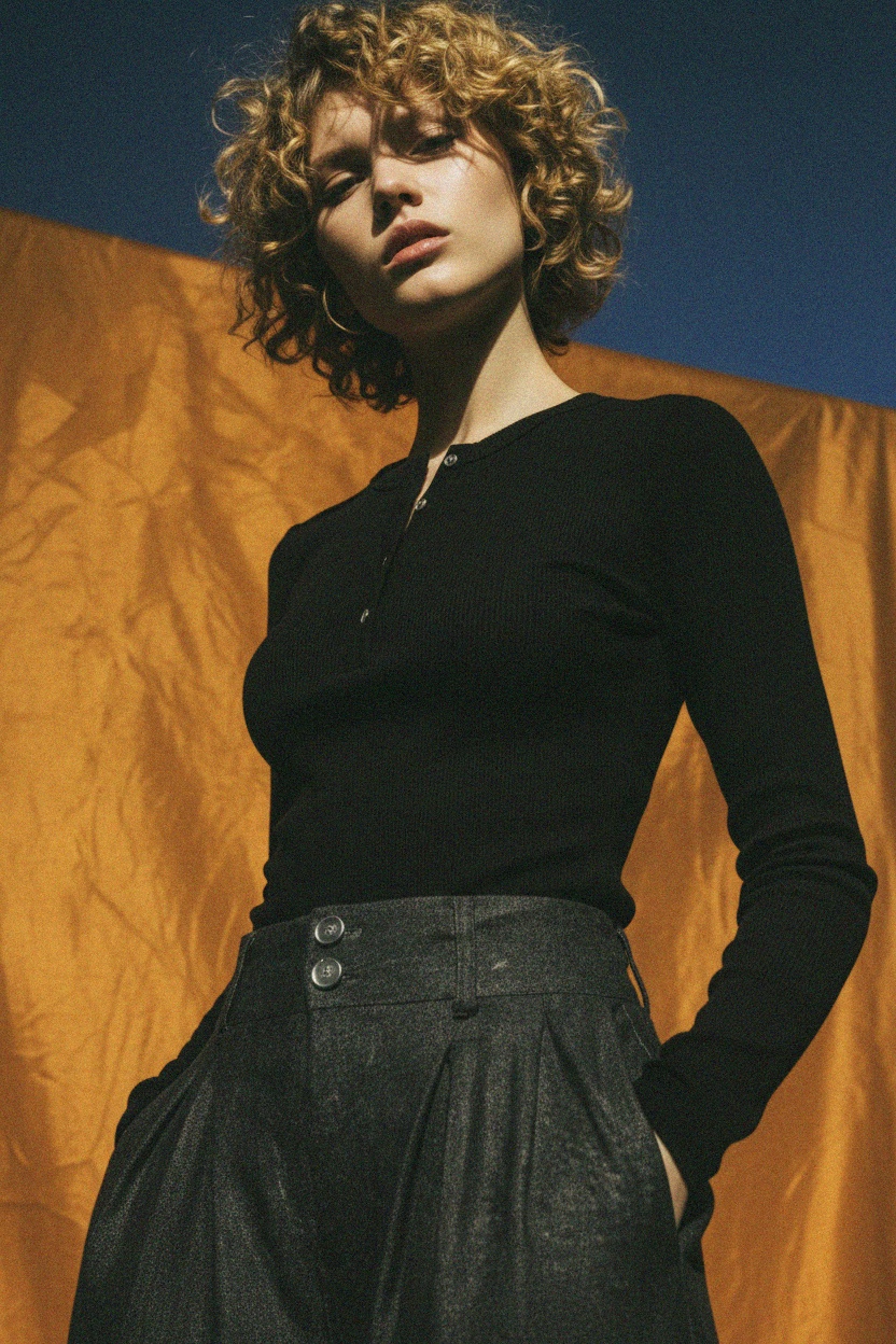 Czarny prążkowany top henley z długim rękawem zdjęcie 2