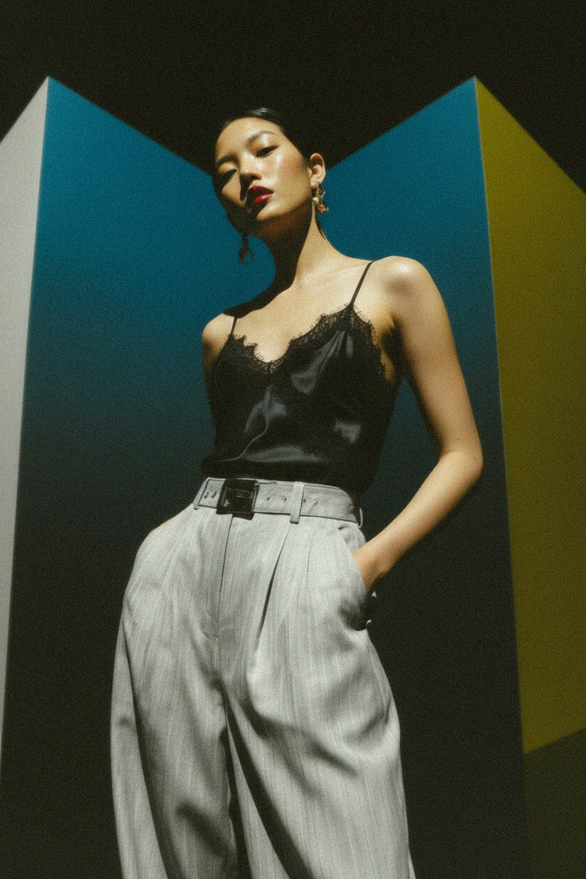 Czarny satynowy top na ramiączkach z koronką zdjęcie 2