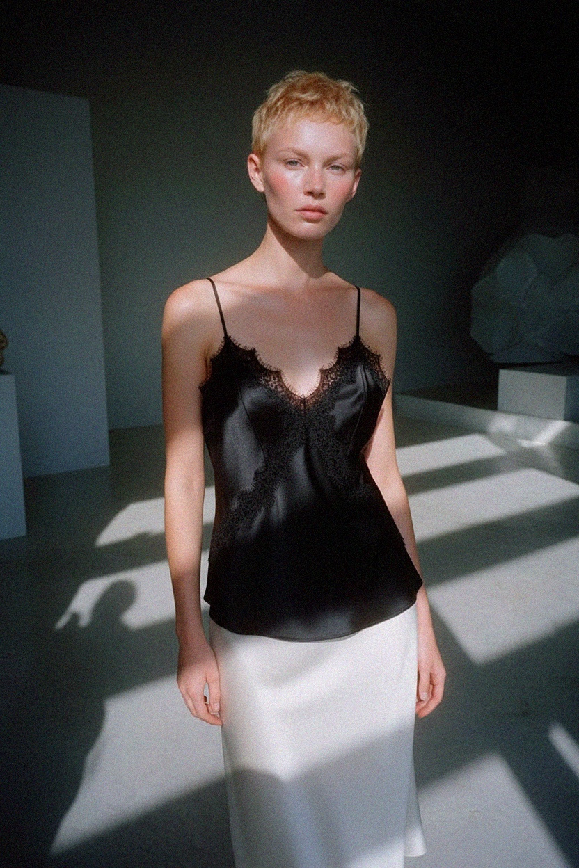 Czarny satynowy top na ramiączkach z koronką zdjęcie 3