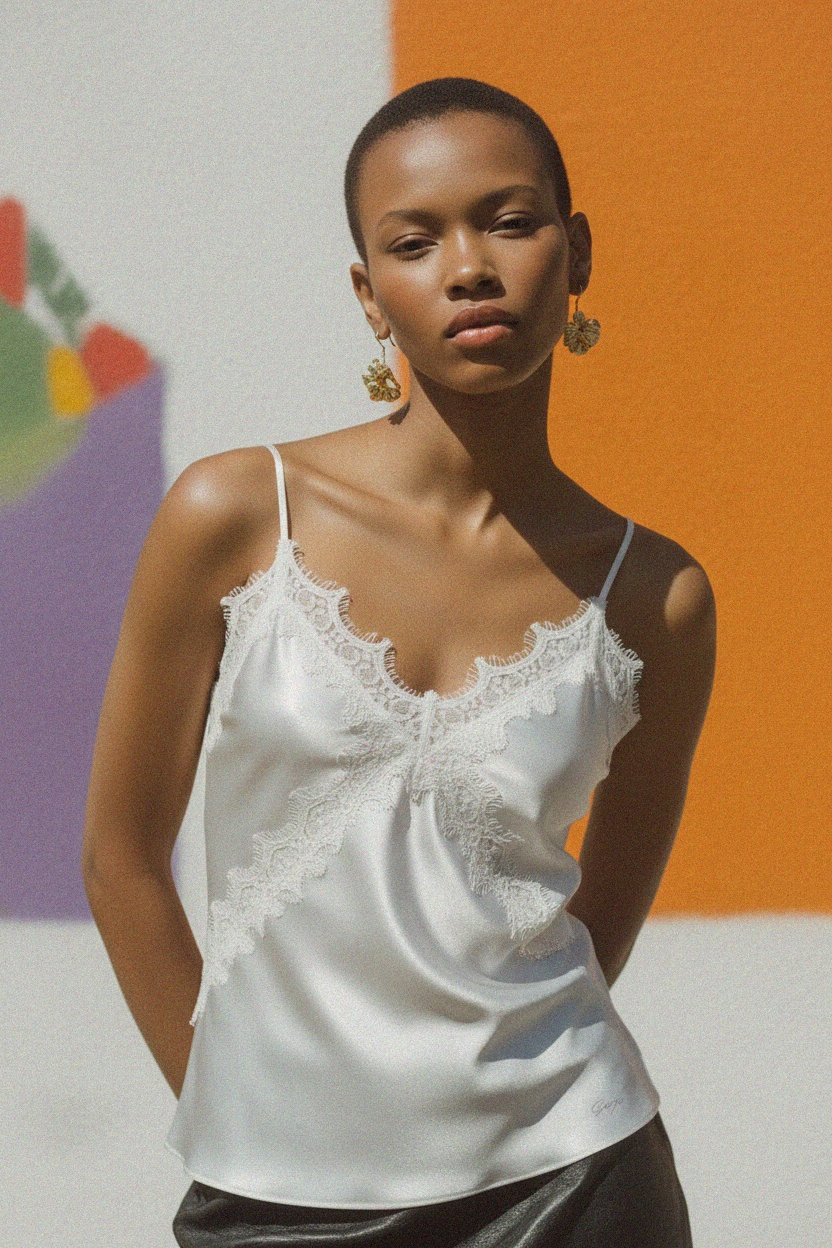 Elegancki biały satynowy top na ramiączkach z delikatną koronkową lamówką zdjęcie 2