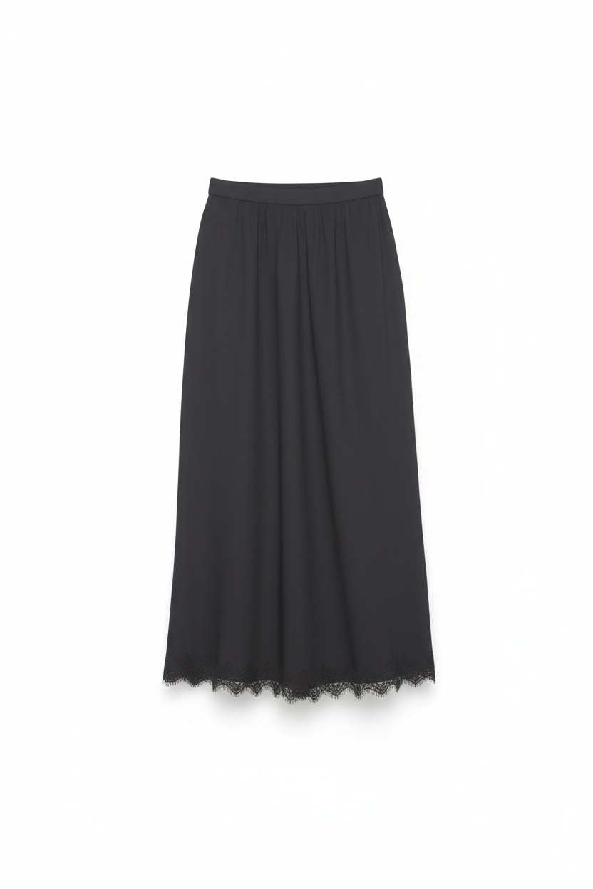 Elegant Black Midi Skirt with Lace Hem Detail zdjęcie 1