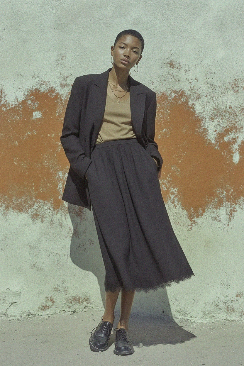 Elegant Black Midi Skirt with Lace Hem Detail zdjęcie 2