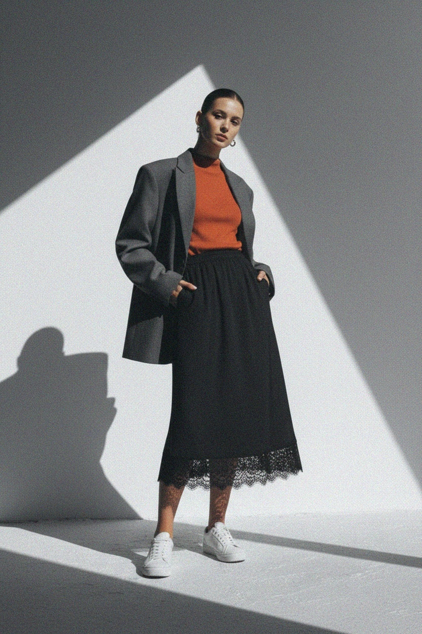 Elegant Black Midi Skirt with Lace Hem Detail zdjęcie 3