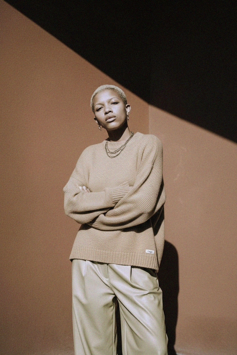 Luźny beżowy sweter dzianinowy zdjęcie 2