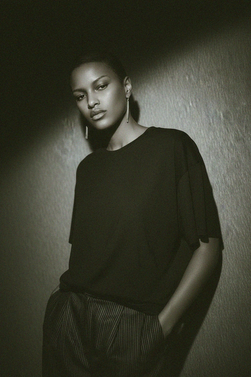 Luźny krój, czarny T-shirt z okrągłym dekoltem zdjęcie 3