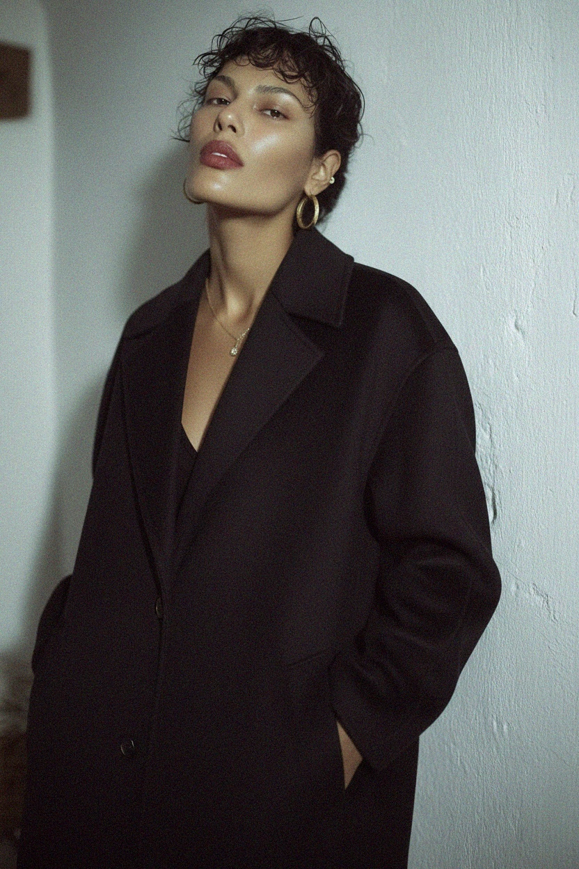 Elegancki czarny, oversize'owy długi płaszcz zdjęcie 3