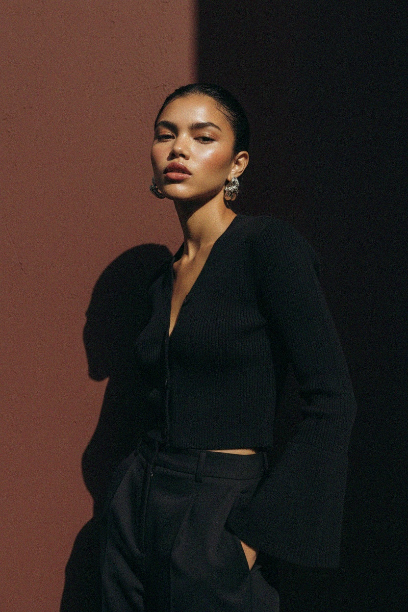 Kardigan z prążkowanej dzianiny z rękawami dzwonkowymi zdjęcie 3