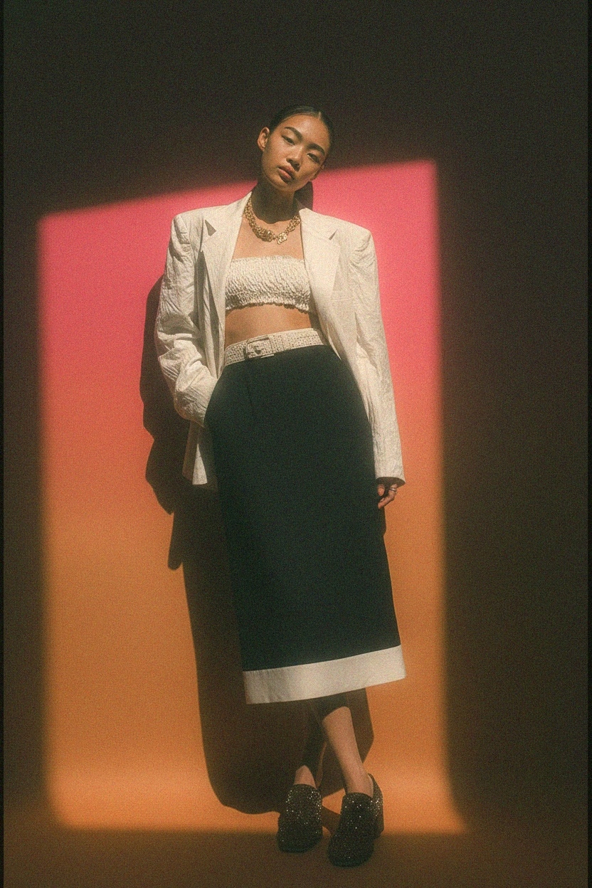 Classic Black Midi Skirt with White Hem Detail zdjęcie 2