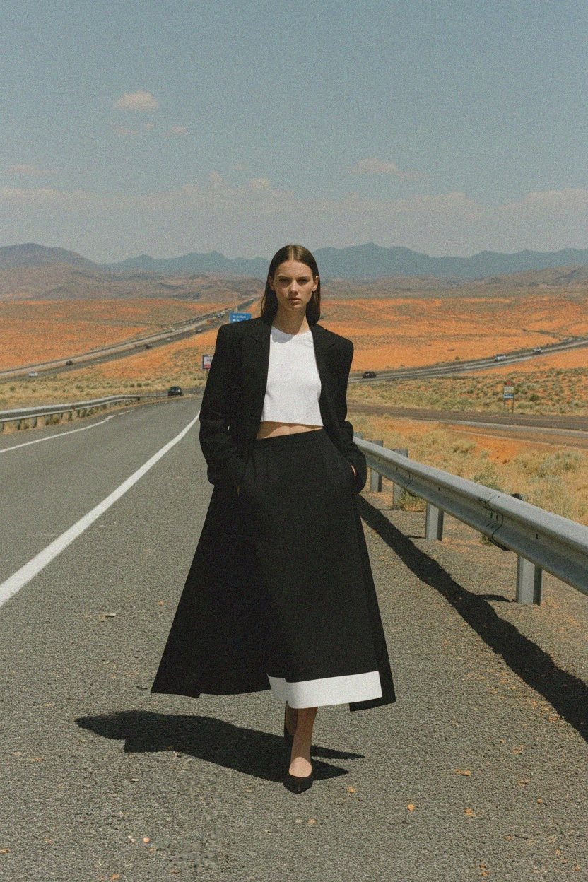 Classic Black Midi Skirt with White Hem Detail zdjęcie 3