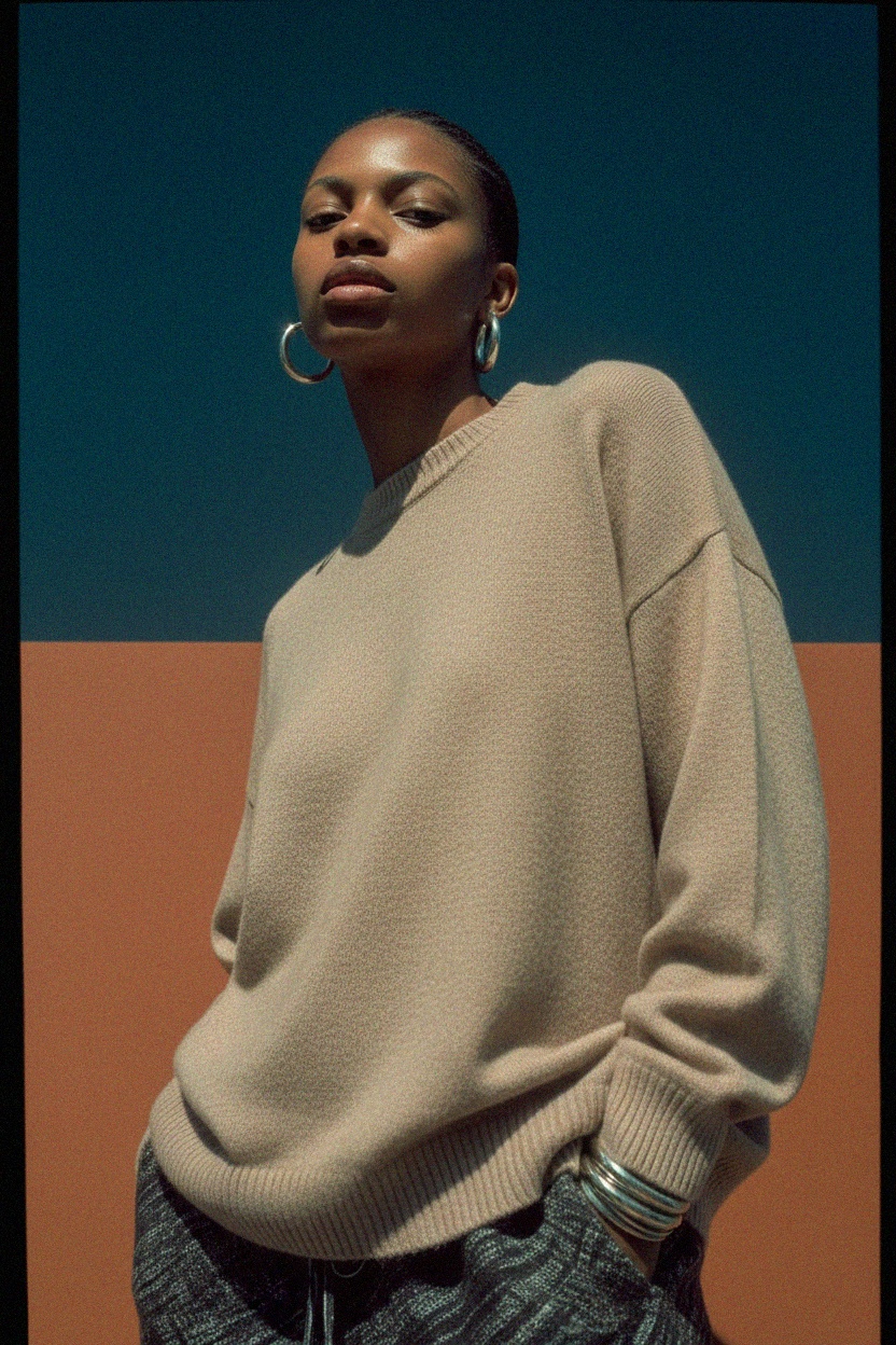 Luźny sweter z dzianiny z okrągłym dekoltem w kolorze beżowym zdjęcie 3