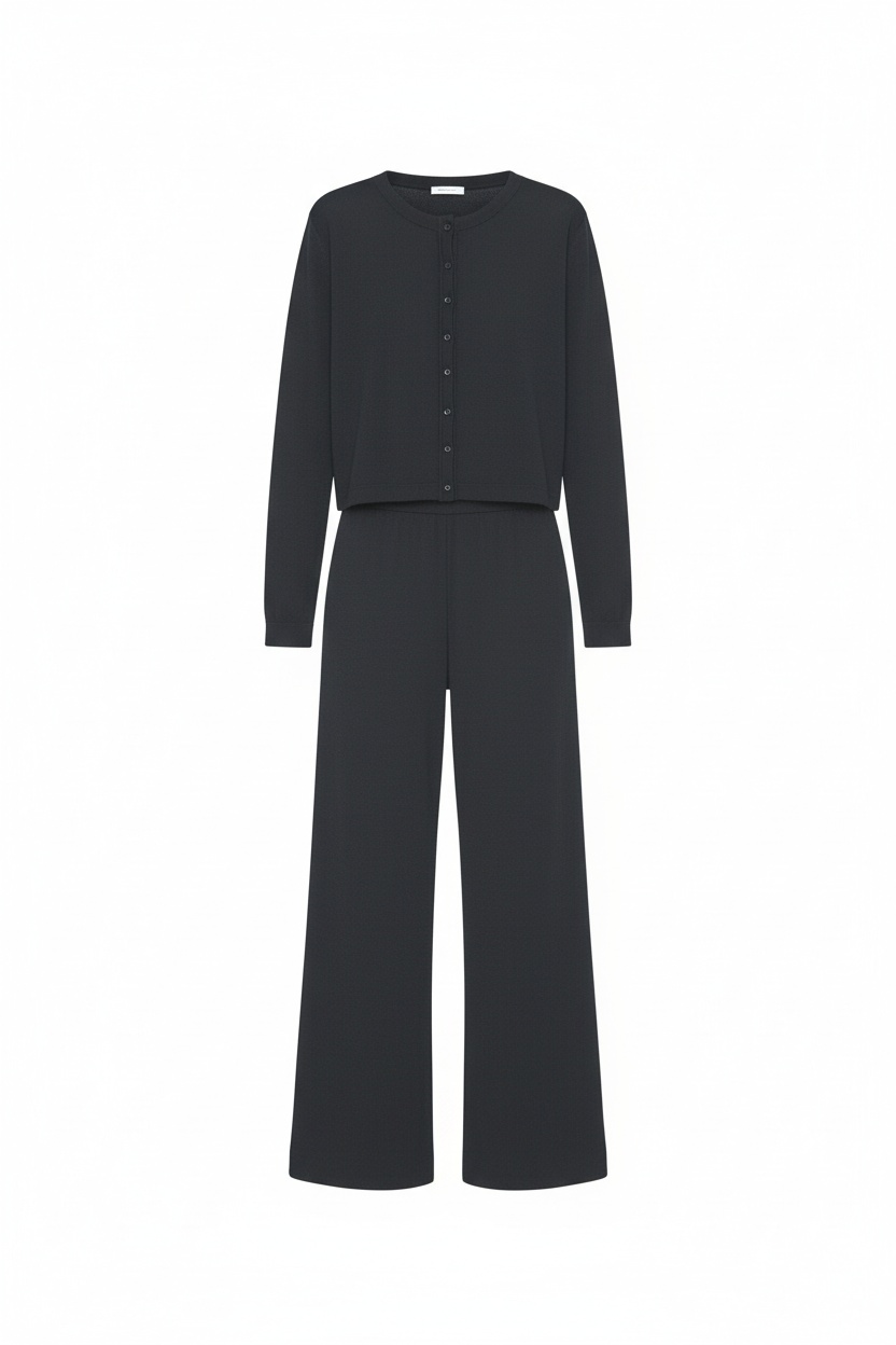 Czarny dzianinowy kardigan i spodnie z szerokimi nogawkami zdjęcie 1
