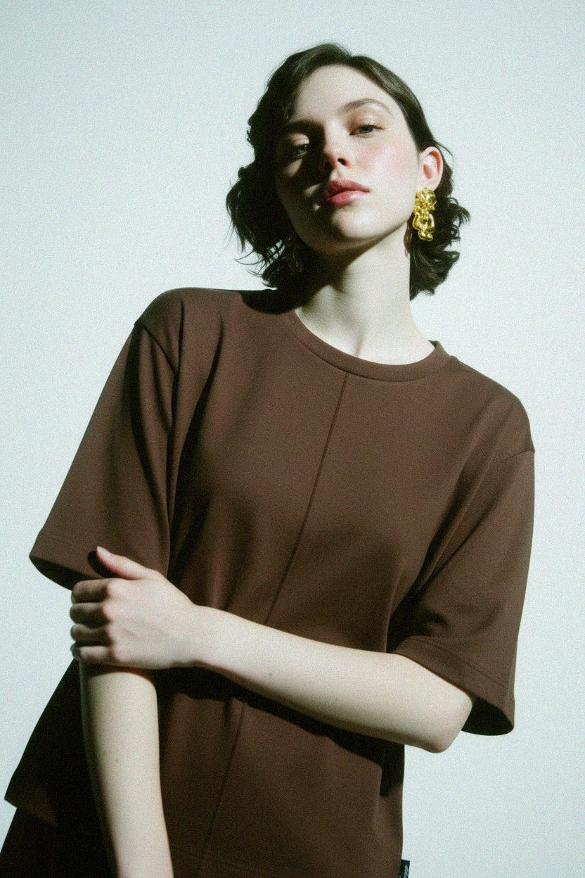 Luźny krój Brązowy T-shirt z ozdobnym szwem środkowym zdjęcie 2