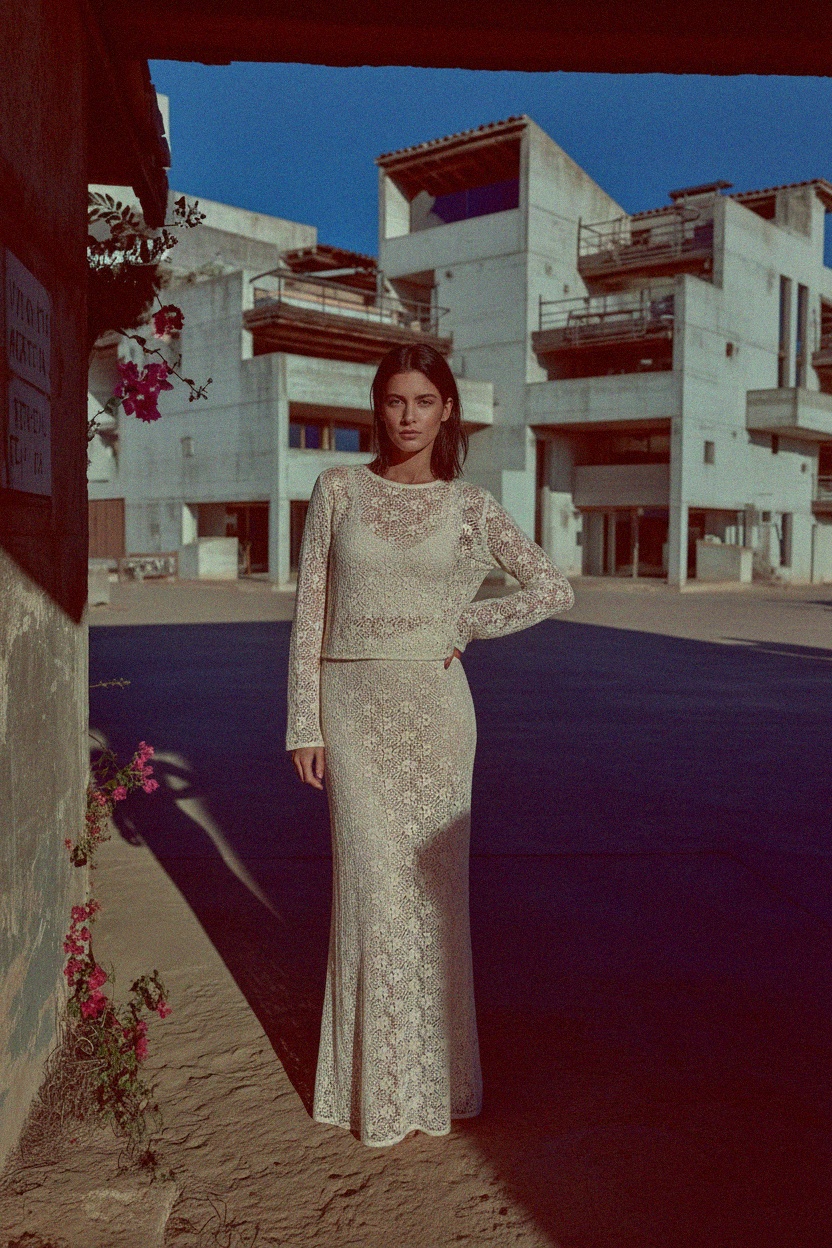 Komplet z dzianiny szydełkowej: top z długim rękawem i długa spódnica zdjęcie 3