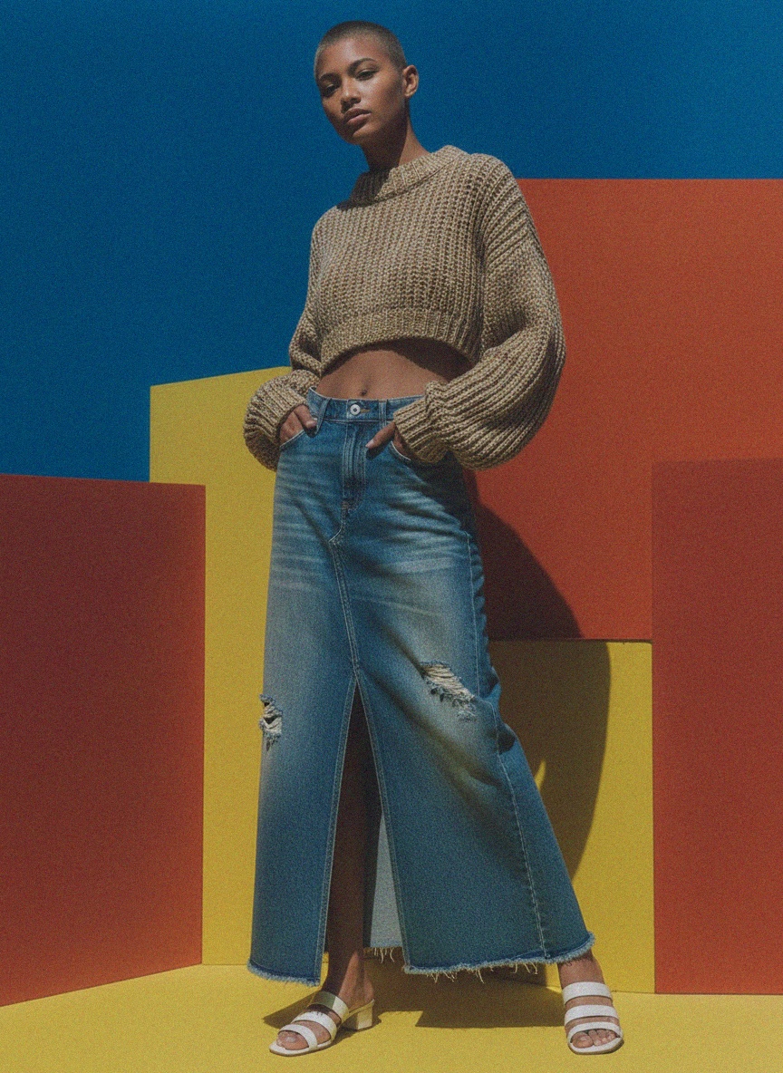 Spódnica maxi z denimu z rozcięciem z przodu zdjęcie 3