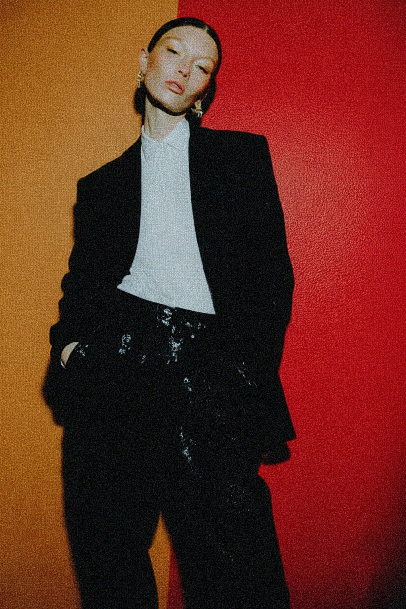 Srebrne, brokatowe, dzianinowe spodnie z prostymi nogawkami zdjęcie 2