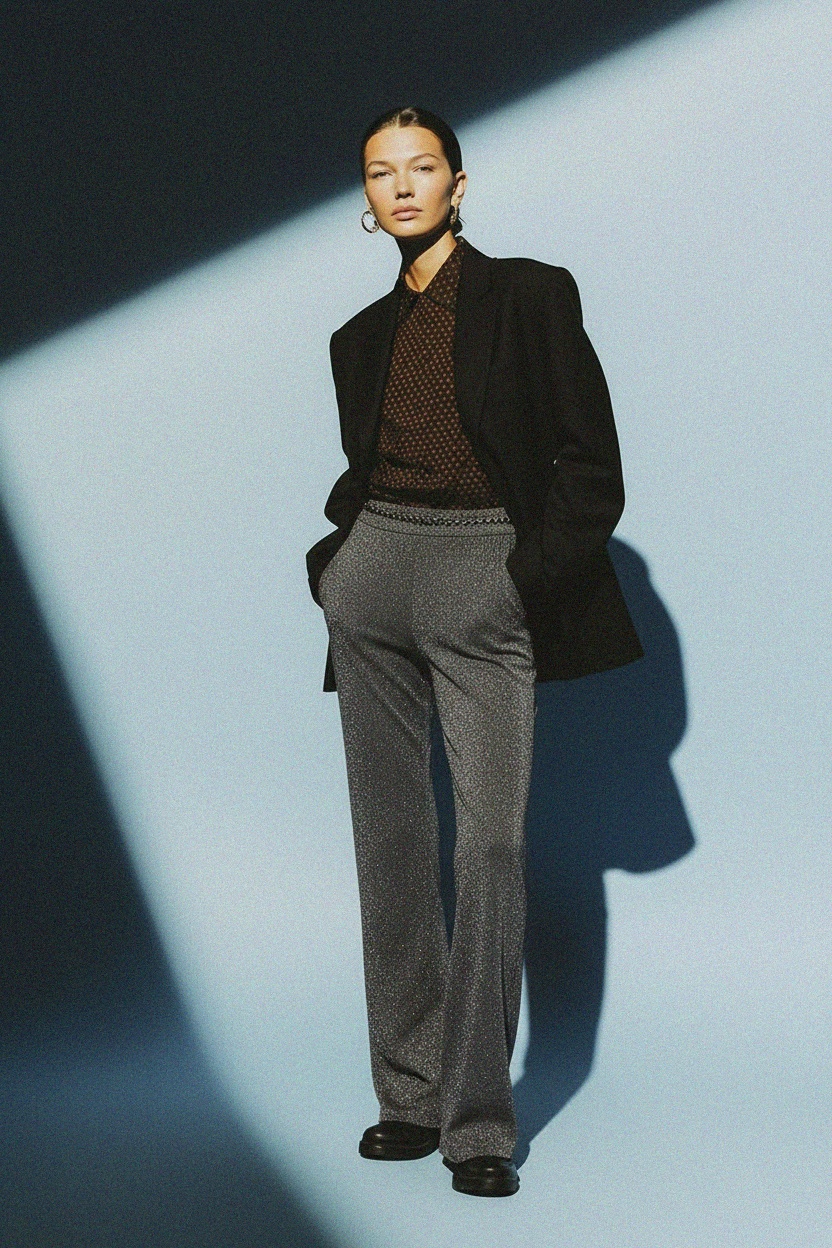 Srebrne, brokatowe, dzianinowe spodnie z prostymi nogawkami zdjęcie 3