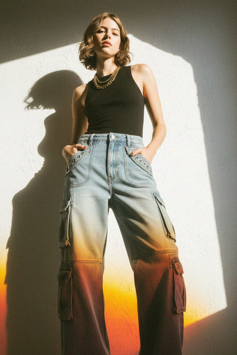 Jeansy cargo typu baggy light wash zdjęcie 2