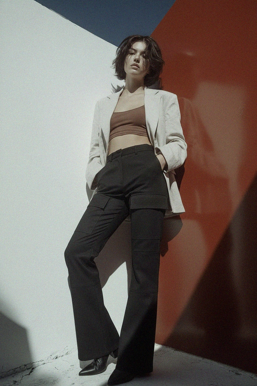 Czarne spodnie cargo z rozszerzanymi nogawkami zdjęcie 3