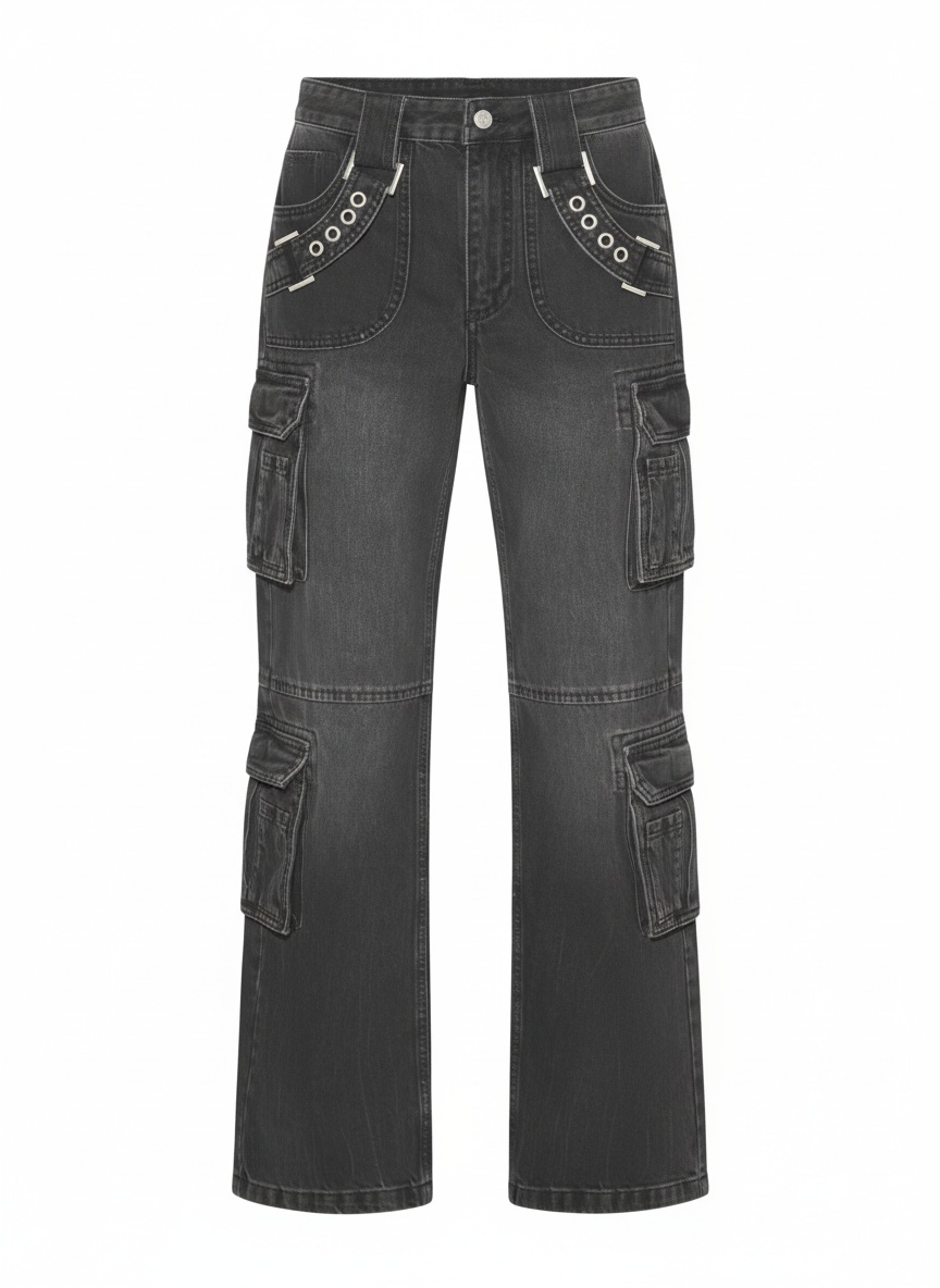 Jeansy cargo w kolorze spranej szarości z kieszeniami na oczka i klamry zdjęcie 1