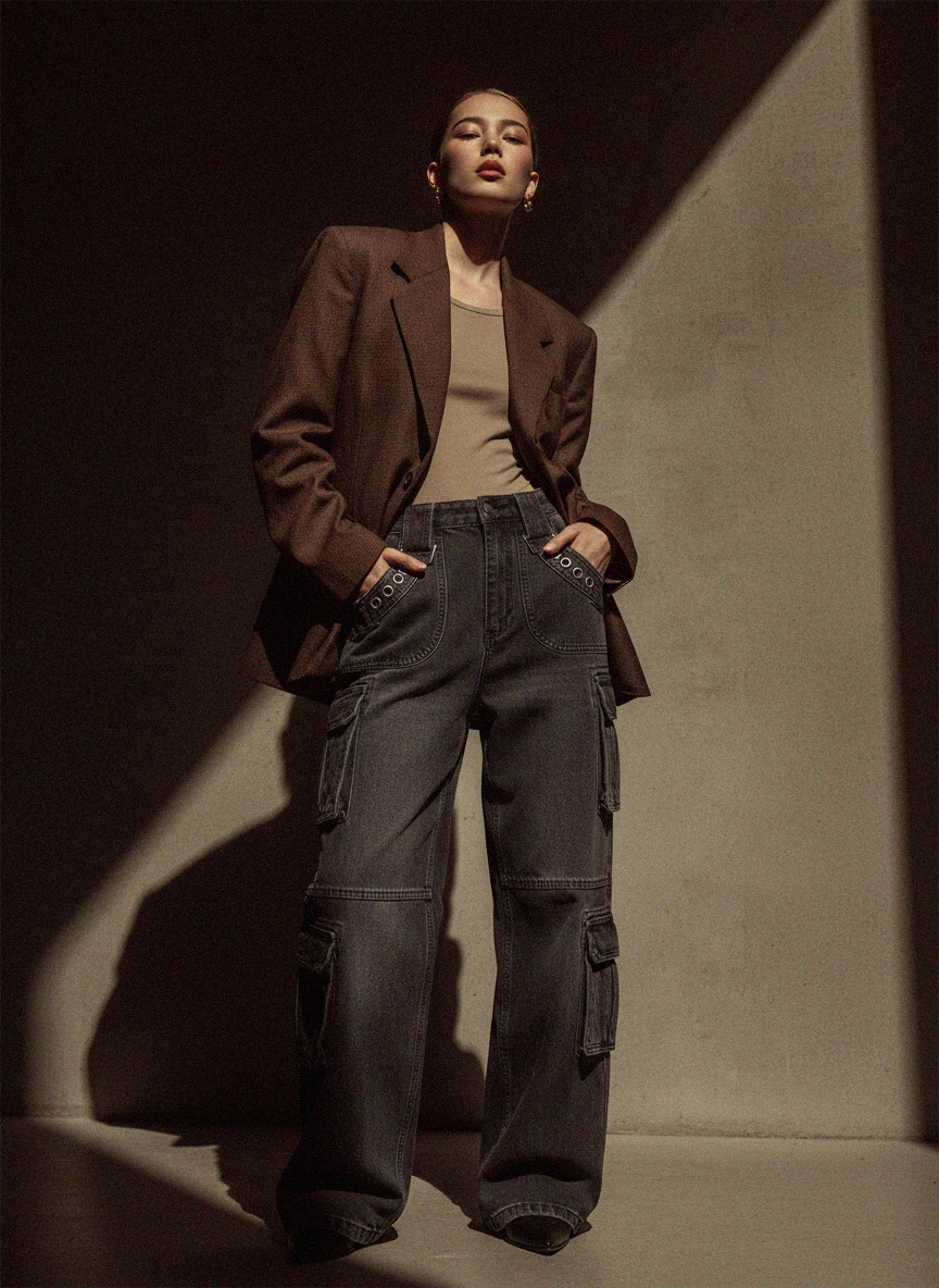 Jeansy cargo w kolorze spranej szarości z kieszeniami na oczka i klamry zdjęcie 2