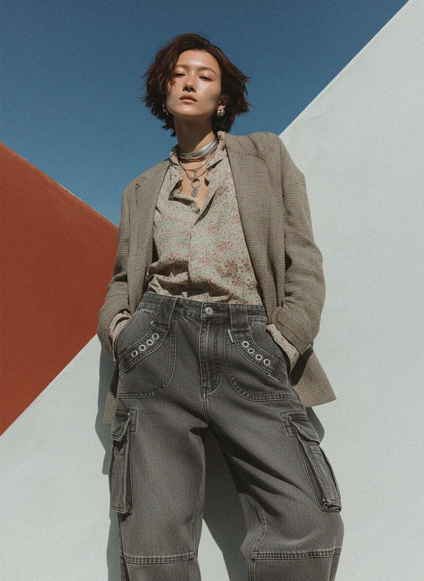 Jeansy cargo w kolorze spranej szarości z kieszeniami na oczka i klamry zdjęcie 3