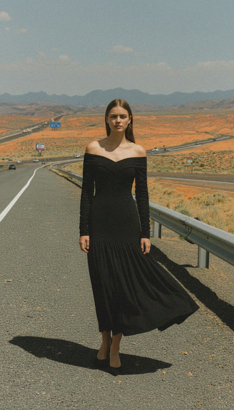 Elegancka czarna sukienka midi z odkrytymi ramionami i marszczonymi rękawami zdjęcie 3