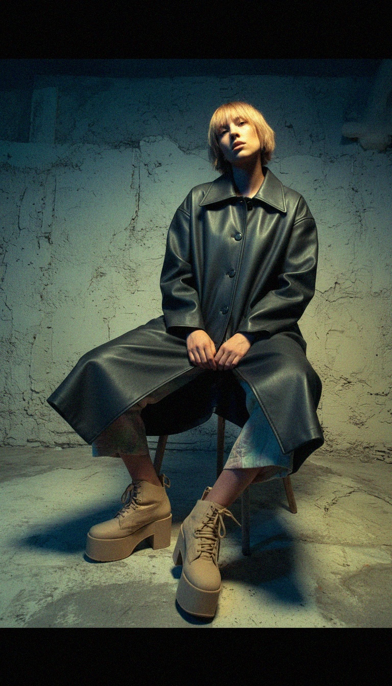 Luźny długi płaszcz ze sztucznej skóry zdjęcie 2