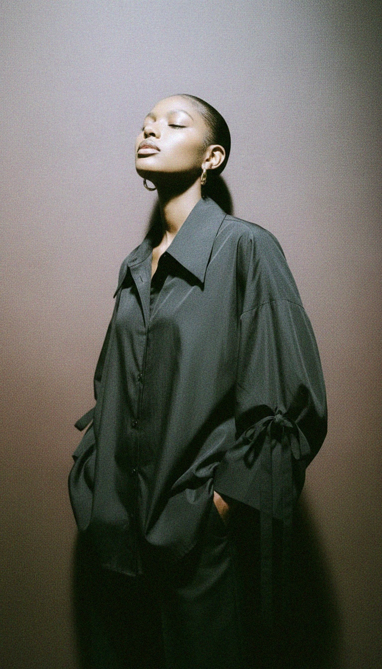 Koszula w kolorze czarnym, oversize, z wiązaniem na rękawach i zapięciem na guziki zdjęcie 2