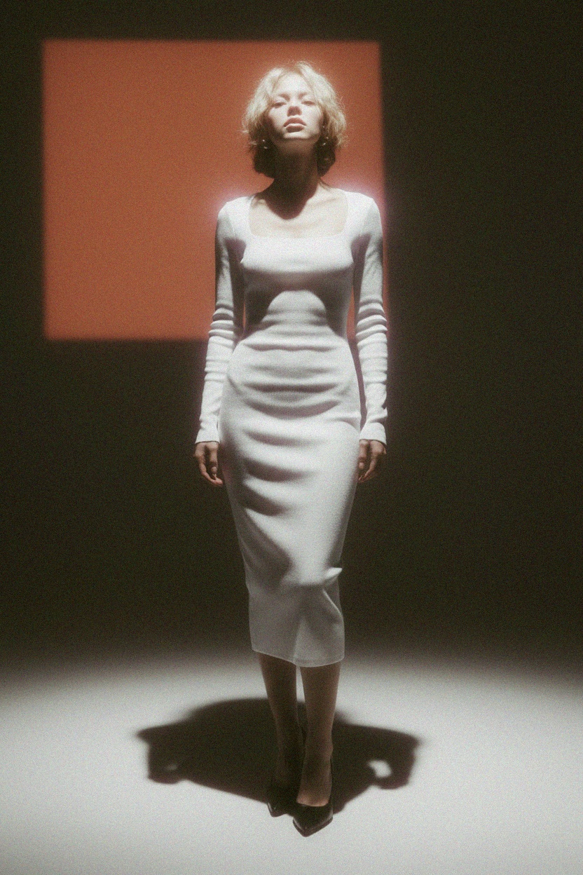 Biała prążkowana sukienka midi z długim rękawem i kwadratowym dekoltem zdjęcie 2