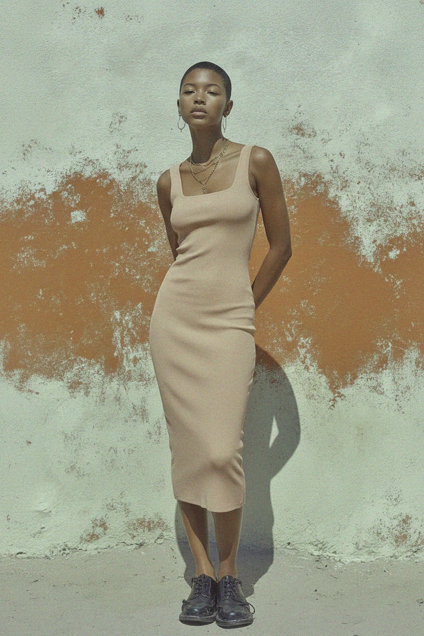 Dopasowana prążkowana sukienka midi z kwadratowym dekoltem – beżowa zdjęcie 3