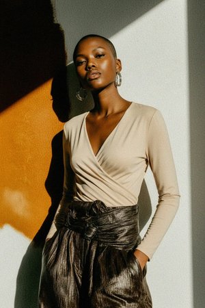 Elegant Beige Long Sleeve Wrap Blouse