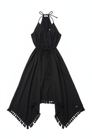 Black Halter Neck Midi Dress with Braided Waist & Tassels
