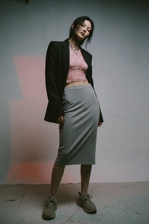 Form-Fitting Stretch Knit Midi Skirt