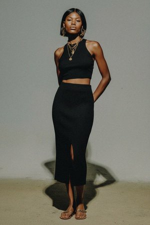 Black Ribbed Midi Skirt with Front Slit