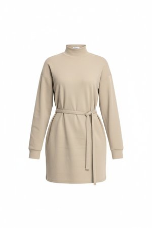 Beżowa prążkowana sukienka mini z paskiem