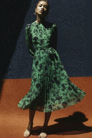 Green Floral Pleated Midi Dress