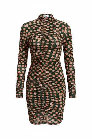 Zielona sukienka mini z marszczeniami i wysokim dekoltem w kwiaty