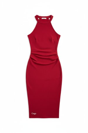 Elegancka czerwona prążkowana sukienka midi z dekoltem halter