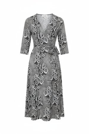 Czarno-biała sukienka midi z kwiatowym nadrukiem