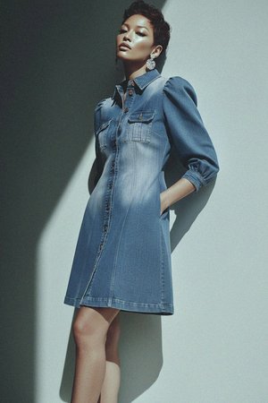 Denim Mini Dress with Puffed Sleeves & Button Front