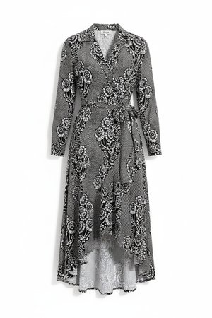 Czarno-biała sukienka kopertowa z kwiatowym wzorem i wysokim dekoltem