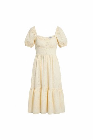 Chic Eyelet Midi Dress with Puffed Sleeves