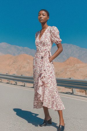 Floral Wrap Midi Dress with Ruffle Detail