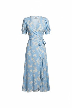 Blue Floral Wrap Midi Dress with Puff Sleeves