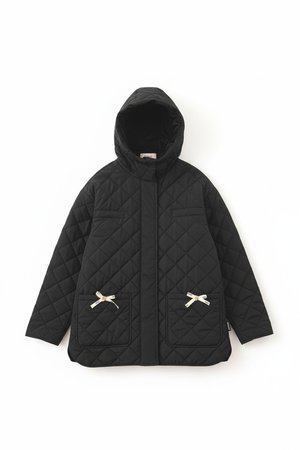 Black Quilted Hooded Jacket with Bow Details