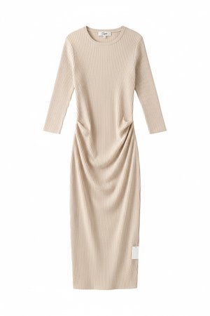 Dopasowana prążkowana sukienka midi z rękawami 3/4