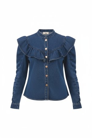 Ruffled Denim Button-Up Blouse