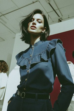 Ruffled Denim Button-Up Blouse